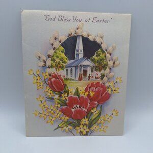 Vintage Easter Card God Bless You Tulip Church Design Religious Note Personal